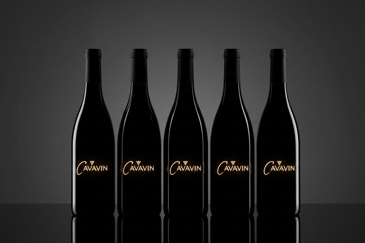 6 wine bottles blacked out for mystery with just cavavin logos on them