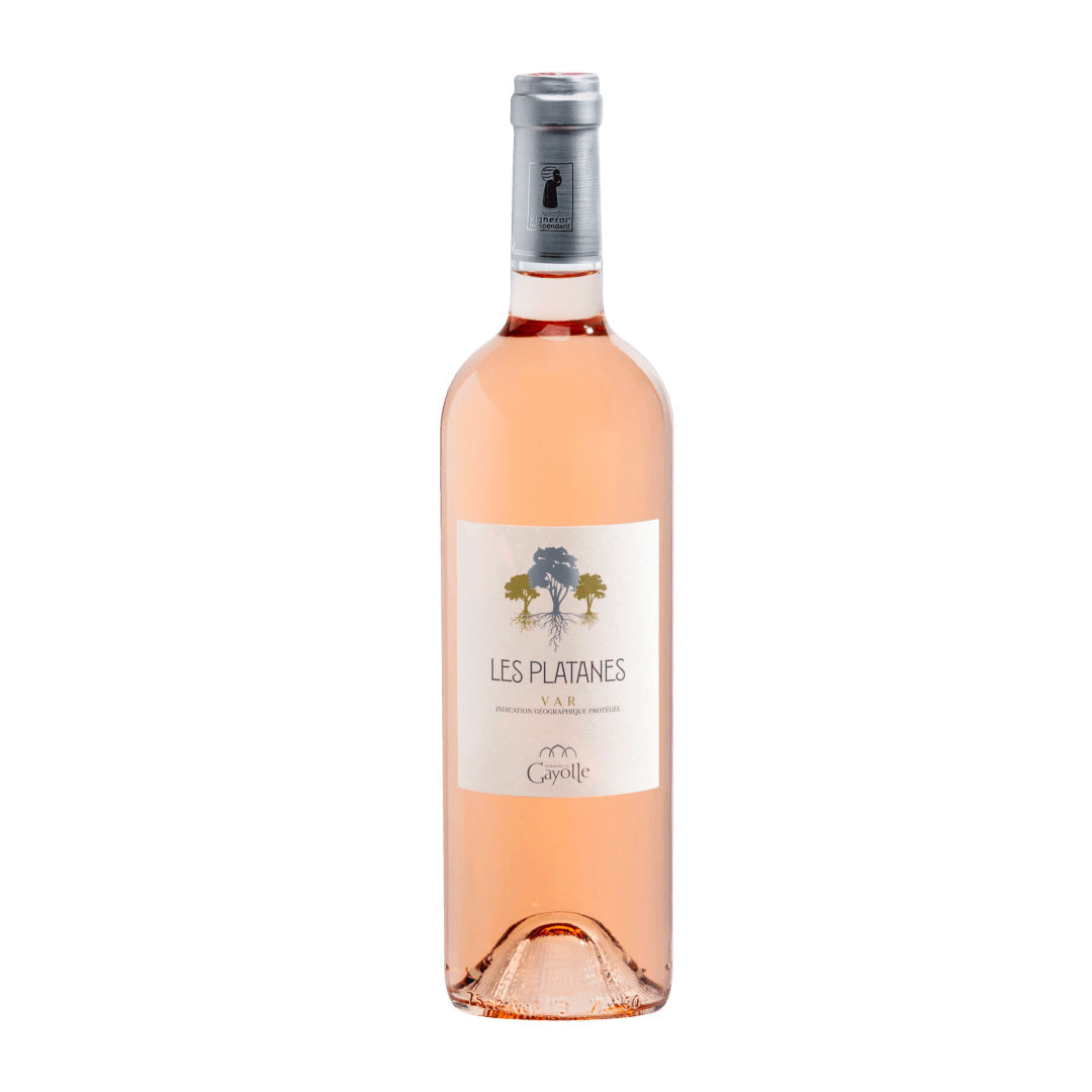 A bottle of Domaine la Gayolle Les Platanes Rosé wine with a pink label and liquid content visible through the transparent glass.