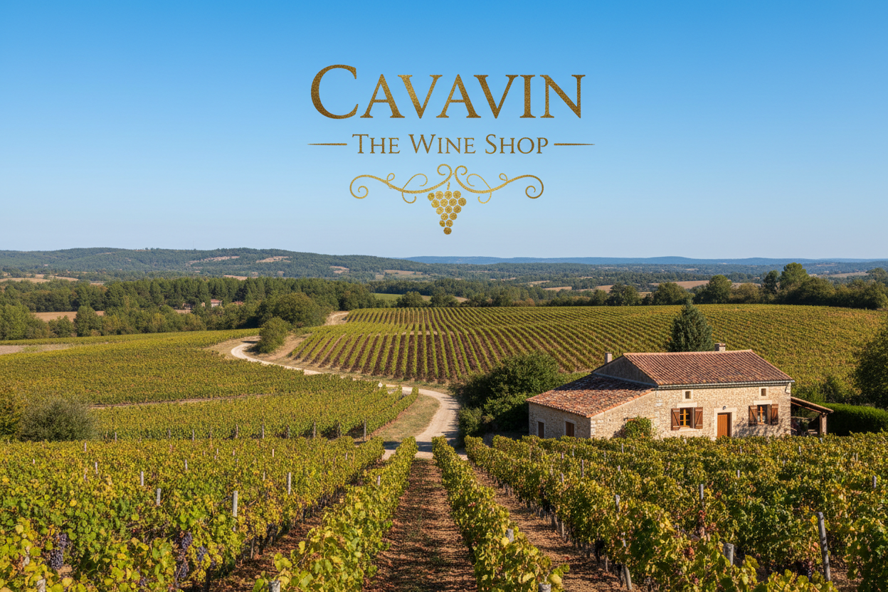 A picture of a French Vineyard with the Cavavin The Wine Shop logo laid over the top it 